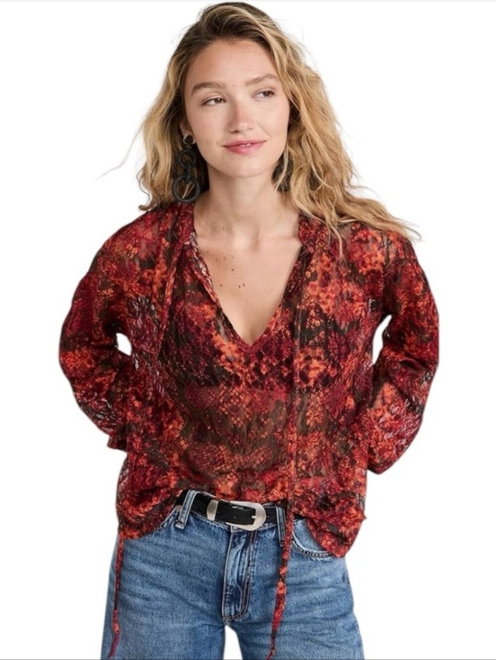 Free People Size S Red Orange Sheer Lace Mesh Boho Long Sleeve Top